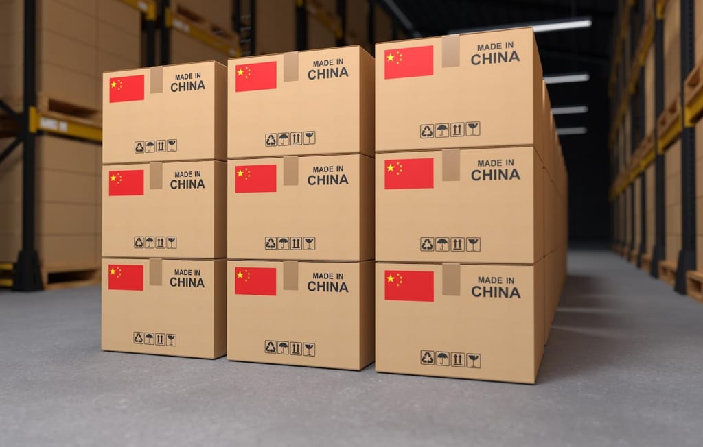 cajas de embalaje con el texto made in china y bandera china